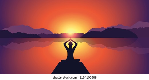 yoga silhouette peaceful sunset at lake and mountains background vector illustration EPS10