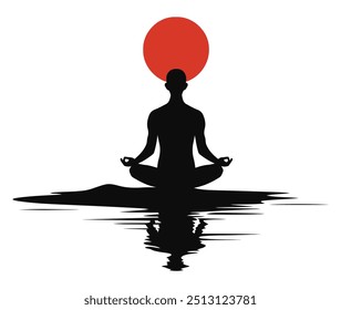 Yoga Silhouette with Red Sun. Flat Vector Illustration