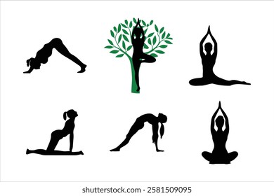 Yoga Silhouette Set with Tree Pose and Meditation Postures for Wellness and Fitness.