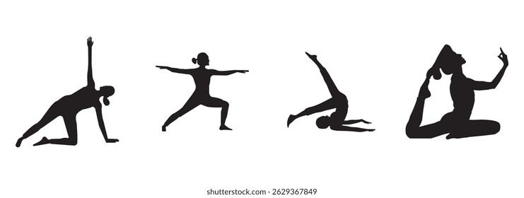Yoga silhouette vector art illustration. Yoga vector icon. Meditation with yoga. Six icon black yoga pose isolated on white background. eps 10