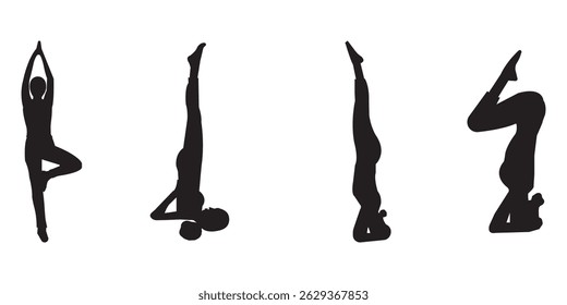 Yoga silhouette vector art illustration. Yoga vector icon. Meditation with yoga. Six icon black yoga pose isolated on white background. eps 10