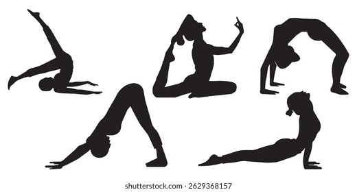 Yoga silhouette vector art illustration. Yoga vector icon. Meditation with yoga. Six icon black yoga pose isolated on white background. eps 10

