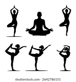 Yoga Silhouette Vector Set Women in Meditation and Balance Poses on White Background