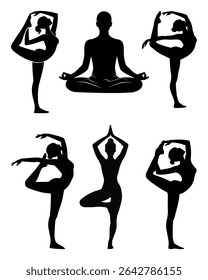 Yoga Silhouette Vector Set – Women in Meditation and Balance Poses on White Background
