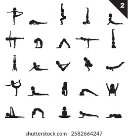 Yoga Silhouette Woman Poses Characters Vector Outline Black Shadow Set 2