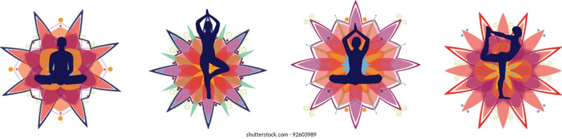 Yoga silhouettes with floral background - set