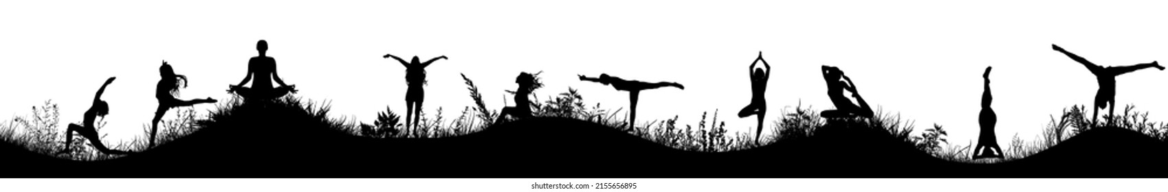 Yoga silhouettes in nature. Vector illustration
