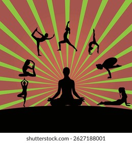 Yoga Silhouettes with Radiating Energy Background vector illustration	
