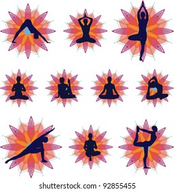 Yoga silhouettes set with floral background