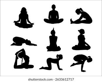 yoga silhouettes set. silhouettes of yoga. Silhoutte of a woman. Silhoutte of a woman doing yoga. A collection of black vector silhouettes of women practicing various yoga poses. 