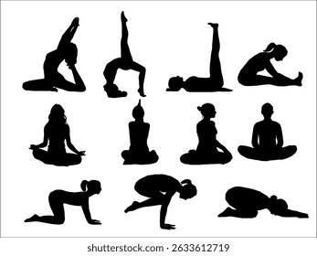yoga silhouettes set. silhouettes of yoga. Silhoutte of a woman. Silhoutte of a woman doing yoga. A collection of black vector silhouettes of women practicing various yoga poses. 