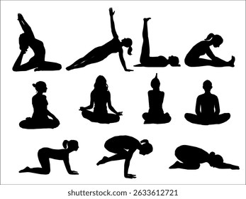 yoga silhouettes set. silhouettes of yoga. Silhoutte of a woman. Silhoutte of a woman doing yoga. A collection of black vector silhouettes of women practicing various yoga poses. 