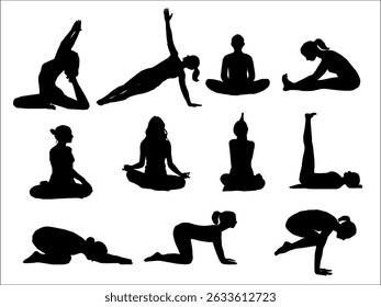yoga silhouettes set. silhouettes of yoga. Silhoutte of a woman. Silhoutte of a woman doing yoga. A collection of black vector silhouettes of women practicing various yoga poses. 