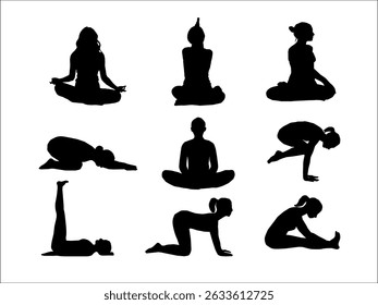 yoga silhouettes set. silhouettes of yoga. Silhoutte of a woman. Silhoutte of a woman doing yoga. A collection of black vector silhouettes of women practicing various yoga poses. 