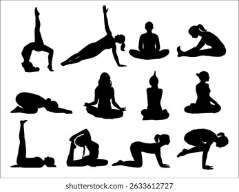 yoga silhouettes set. silhouettes of yoga. Silhoutte of a woman. Silhoutte of a woman doing yoga. A collection of black vector silhouettes of women practicing various yoga poses. 
