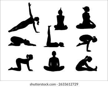 yoga silhouettes set. silhouettes of yoga. Silhoutte of a woman. Silhoutte of a woman doing yoga. A collection of black vector silhouettes of women practicing various yoga poses. 