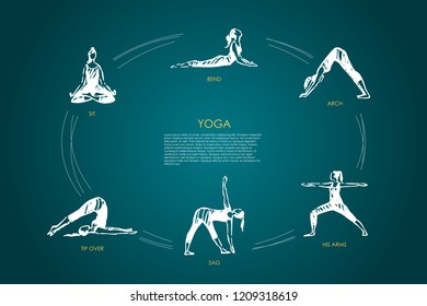 Yoga - sit, bend, arch, his arms, sag, tip over vector concept set. Hand drawn sketch isolated illustration