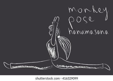 Yoga sketch drawing in white chalk on blackboard, monkey posture, hanumasana asana, vector illustration