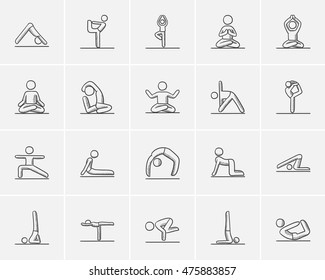 Yoga sketch icon set for web, mobile and infographics. Hand drawn yoga icon set. Yoga vector icon set. Yoga icon set isolated on white background.