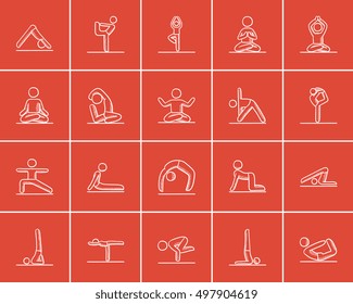 Yoga sketch icon set for web, mobile and infographics. Hand drawn yoga icon set. Yoga vector icon set. Yoga icon set isolated on red background.