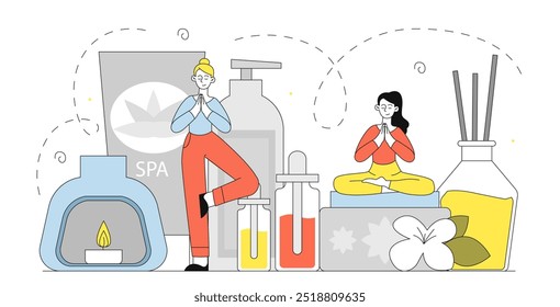 Yoga and skin care. Young girls with natural cosmetic products. Active lifestyle and correct daily routine. Beauty procedures and routine. Aesthetics and hygiene. Linear vector illustration