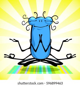 Yoga small insect meditating in the lotus position. Cartoon vector illustration