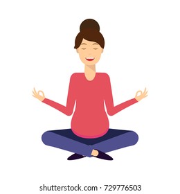 Yoga smiling pregnant woman in lotus meditative pose. Woman meditating and relaxing. Isolated on white.
