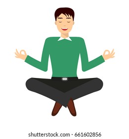 Yoga smiling young man in lotus meditative pose. Man meditating and relaxing.