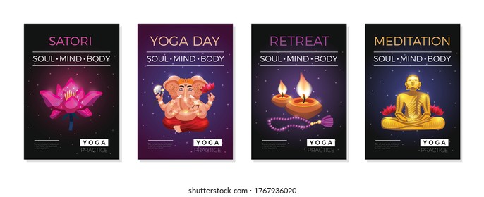 Yoga soul mind body meditation retreat starry sky background vedic posters set with candles lotus vector illustration 