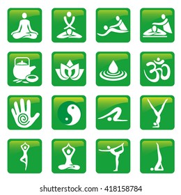 Yoga spa massage buttons.
Set of green yoga massage and spa icons. Vector available. 
