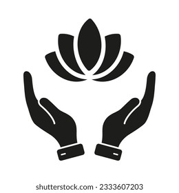 Yoga and SPA Solid Symbol. Meditation, Lotus and Hands Silhouette Icon. Medical Clinic, Beauty Simple Sign. Human Hands Holding Flower Glyph Pictogram. Isolated Vector Illustration.
