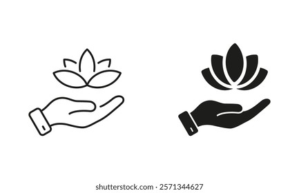 Yoga and SPA Symbol. Medical Beauty Clinic Sign. Lotus and Human Hand Line and Silhouette Icon Set. Meditation Pictogram. Hand Holding Flower. Editable Stroke. Isolated Vector Illustration.