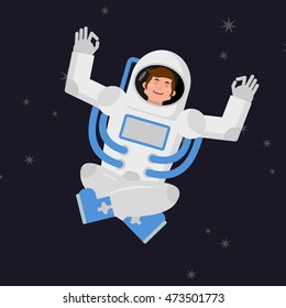 Yoga Space. astronaut meditating in open capacity. Cosmonaut Zen and relaxation. Man in pressure suit knowledge and enlightenment
