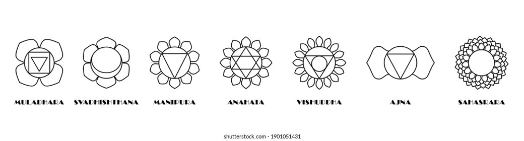 Yoga spiritual chakras set. Energy muladhara and health nature light anahata spiritual heal svadhisthana with mind warming rays manipura made with black lines on white vector space.