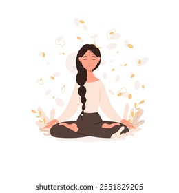 Yoga and spiritual practice. Woman meditating, relaxing. Peaceful female during meditation in lotus pose. Vector illustration isolated on white background