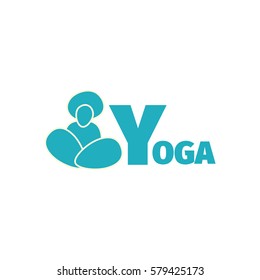 Yoga sport club blue logo design template with man silhouette and big letter Y.