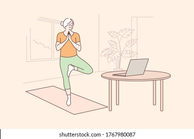 Yoga, sport, quarantine, training, education concept. Old woman senior citizen doing stretching balancing yoga exercises at home using online lesson on laptop. Staying healthy on lockdown illustration