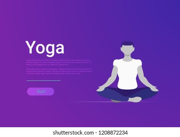 Yoga sport vector flat style web template banner. Person on meditation lotus pose. Website interface illustration.