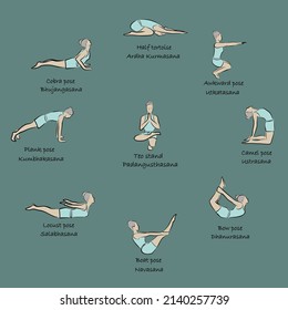 Yoga, sports, gymnastics. Human body health. Healthy lifestyle. Cobra pose, plank, camel pose, boat pose. Asanas for Vishuddha Chakra.  Isolated vector objects. 