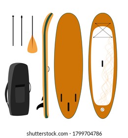 Yoga stand up paddle board set of objects illustration isolated.