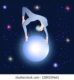Yoga, starry sky, woman on a blue planet - illustration, abstract, art, vector. Magic. Occultism. Space everything