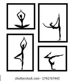 Yoga. Stay at home. Girls. Self isolation. Black and White. Asana. Lotus. Tree Pose. Calm with yoga. Silhouette. Art. Poster. Woman, Gym. People,  Meditation
