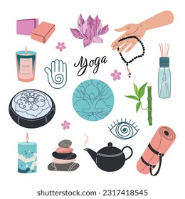 Yoga sticker set.. Hand drawn elements set:  aroma sticks, mat, block. Vector flat illustration. Collection of yoga stuff, equipment. Sport, fitness, stretching accessories