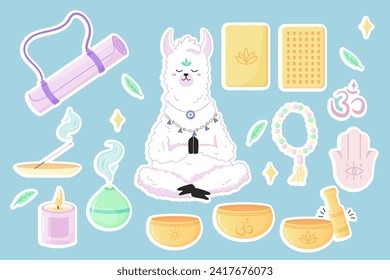 Yoga sticker set. Lama meditating, hand drawn elements of the set aroma sticks, mat, singing bowls, sound healing. Vector flat. Collection of yoga items, equipment.