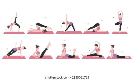 Yoga stickers collection set, cartoon style flat design Premium Vector