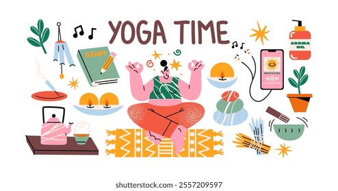 Yoga stickers. Healthy lifestyle, sports, meditation, relax and practice.Girl mascot characters. Cartoon vector collection activity mascots	