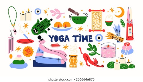 Yoga stickers. Healthy lifestyle, sports, meditation, relax and practice.Girl mascot characters. Cartoon vector collection activity mascots	