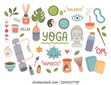 Colocación de stickers de yoga. Los elementos dibujados a mano establecen palos de aroma, alfombras, bloques. Vector plano. Colección de material de yoga, equipo.