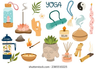 Yoga stickers set. Hand drawn elements set aroma sticks, mat, block. Collection of yoga stuff, equipment. Vector hand draw illustrations