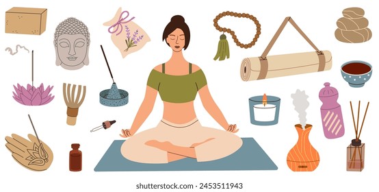 Conjunto de pegatinas de yoga. Elementos dibujados a mano conjunto de palitos de aroma, tapete, bloque. Vector plano. Colección de material de yoga, equipo.